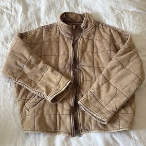 Free People Tan Quilted Puffer Jacket with Stand-Up Collar